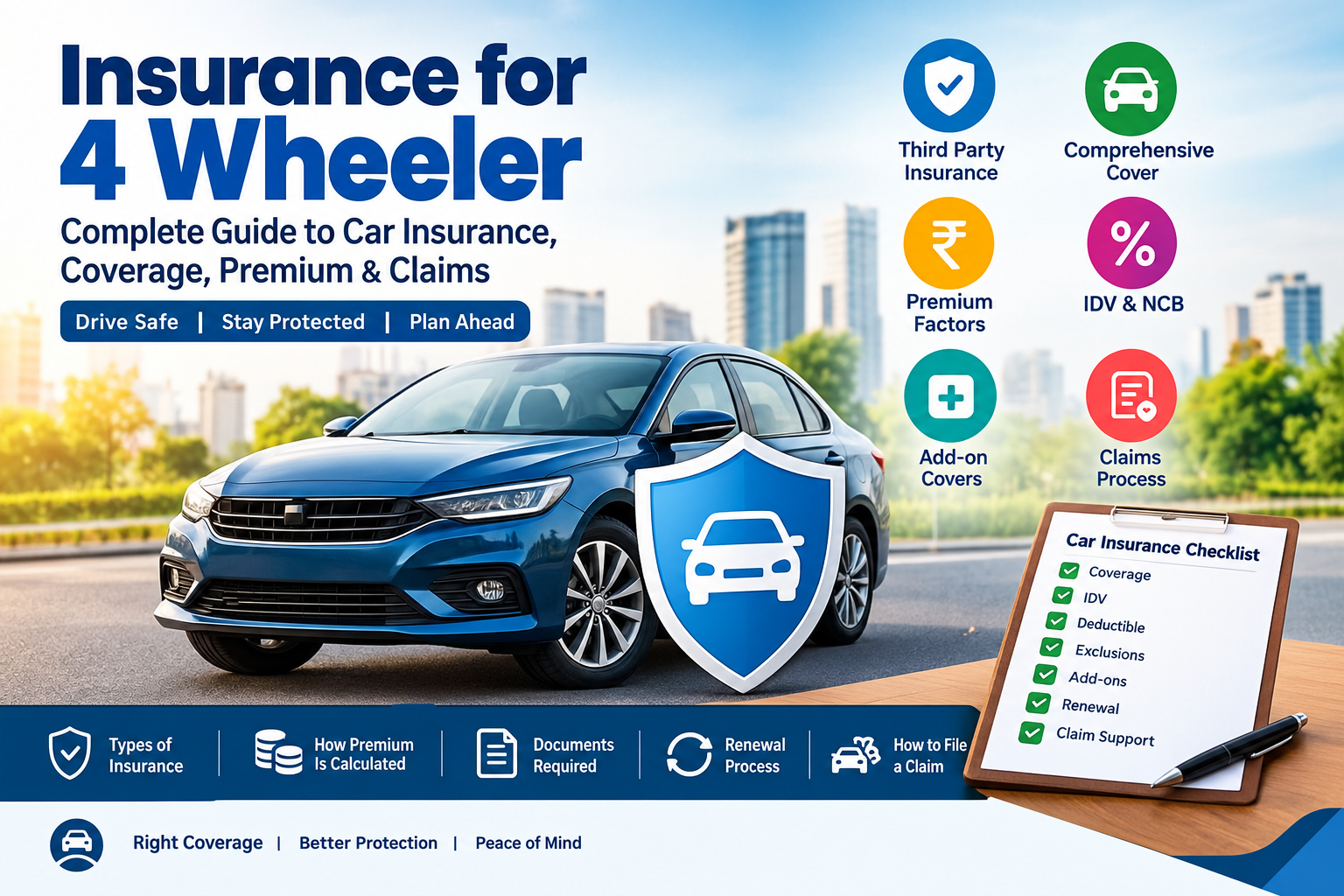 Insurance for 4 Wheeler in India – complete car insurance guide showing comprehensive cover, third-party insurance, premiums, IDV, NCB, add-ons, renewal, and claims.